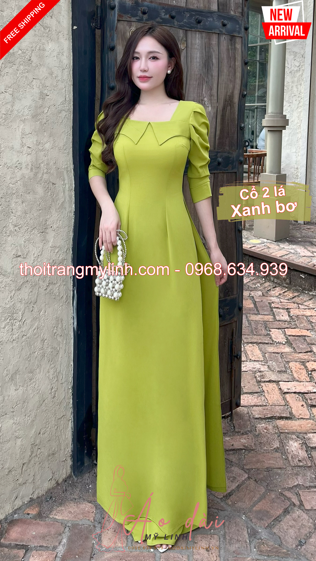 Bộ dài cổ vuông 2 lá bâu tay xếp tầng xanh bơ